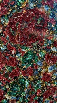 Vibrant gemstone surface gleams with rich reds, greens, and golds