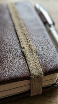 Warm brown leather journal with coarse burlap strap