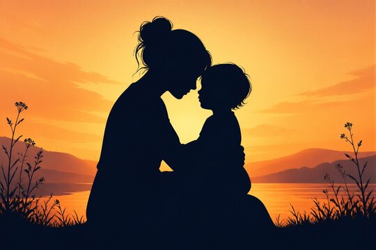 Mother and child embracing silhouette at lakeside sunset