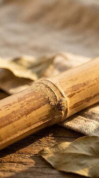 Warm light glows softly over bamboo stalk