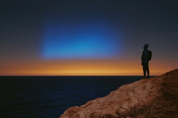 Fototapeta premium Lone person in a hooded jacket standing on a weathered stone cliff looking at a glowing blue light in the night sky for travel and adventure promotion