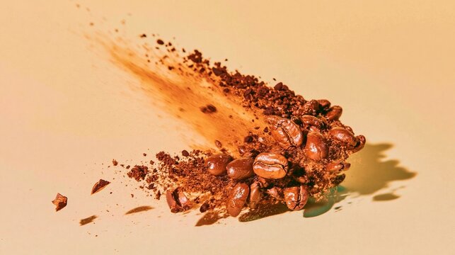 Roasted coffee beans and ground powder frozen in a dynamic mid-air splash, featuring oily textures and a warm cream background for coffee packaging