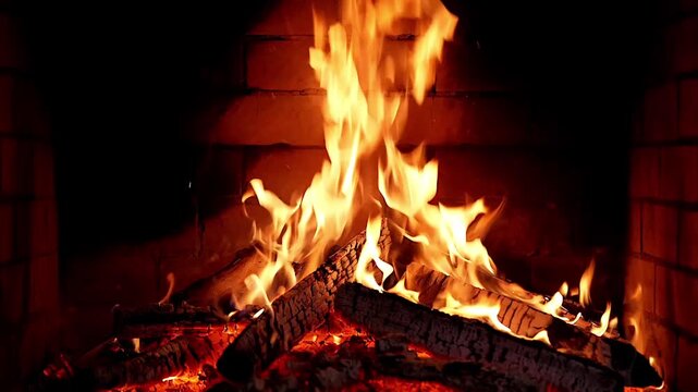 Christmas time. Wood burning in a cozy fireplace at home 4k footage