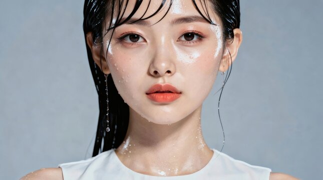 Woman with wet skin and damp hair poses against a cool gray background.