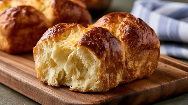 Golden brioche bread torn open to show soft airy interior resting on wooden cutting board