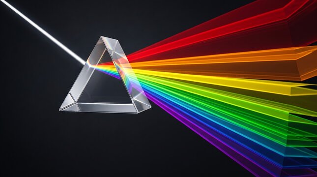 White light beam passing through a transparent prism, creating a beautiful spectrum of colors, illustrating the physics of light dispersion.