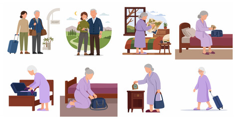Fototapeta premium Set of flat vector illustrations of senior people preparing for travel and going on vacation