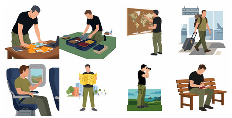 Fototapeta premium Male traveler character set illustrating travel journey stages from planning and packing to flying and sightseeing