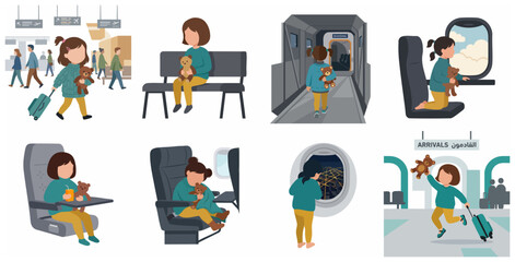 Fototapeta premium Set of illustrations showing a little girl's journey traveling by plane from airport departure to arrival with her teddy bear.