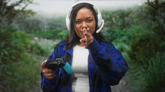 Young woman with headphones holding a game controller points finger to camera in a forest; confidence gaming.