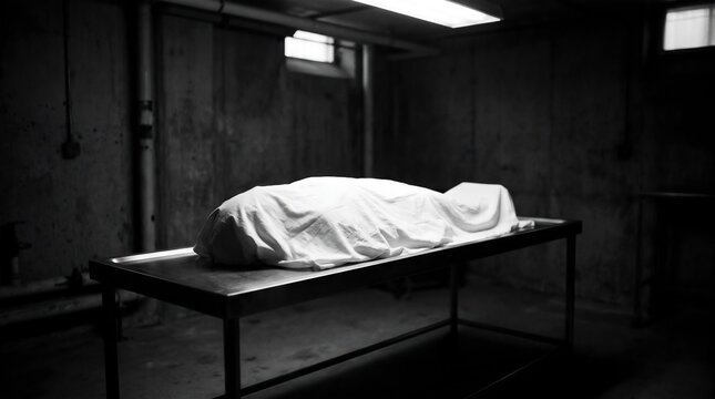 Cinematic black and white covered body on autopsy table in dark basement morgue crime scene background