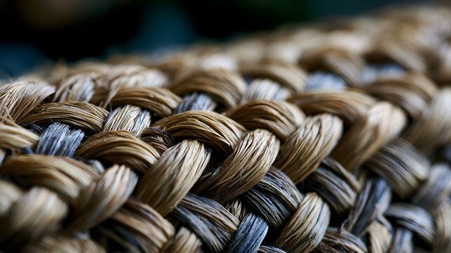 Close up of intricately woven natural fibers showcasing textured patterns and earthy tones in a detailed ro shot