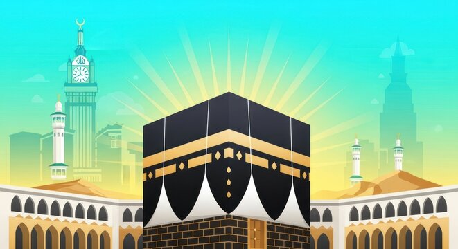 Kaaba in Mecca with radiant light and mosque background.