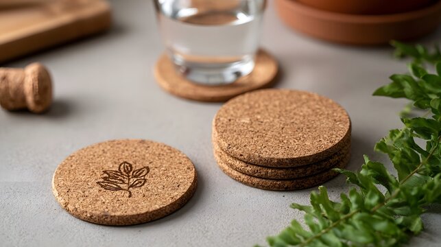 Circular cork coasters with leaf design sit on a gray surface beside green ferns and a glass of water
