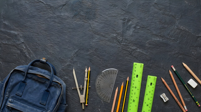School supplies and geometry tools with a pencil case on a dark textured black background