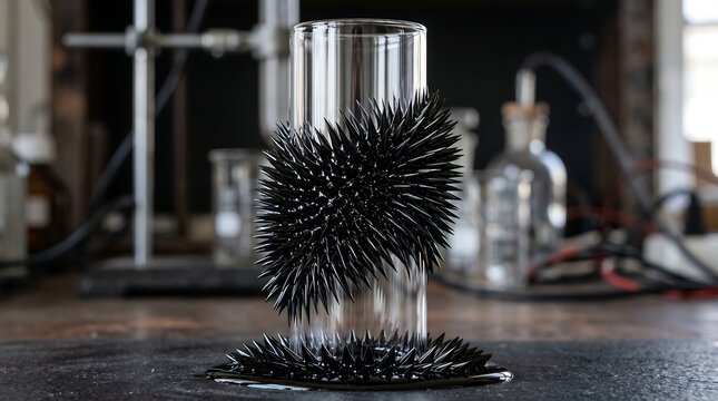 Spiky ferrofluid magnetic liquid reacting around a glass cylinder in a science laboratory experiment