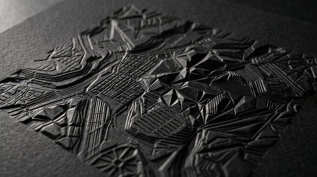 Black blind embossed geometric superhero mask design on dark textured paper closeup