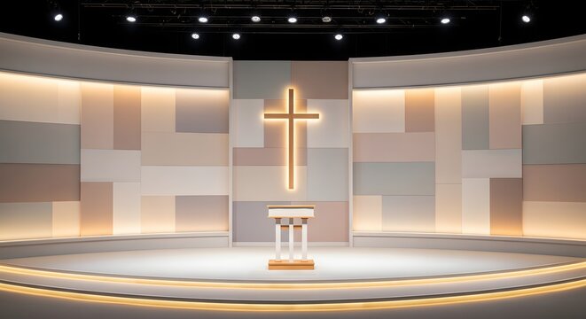 Golden cross on a modern church stage for worship service