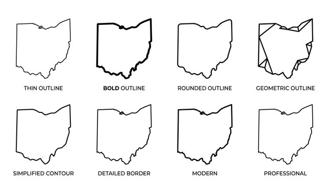 Ohio State Map Outline Set with Various Border Styles Vector
