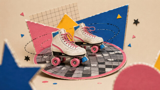 Retro 1980s roller skates , disco paper collage, vibrant geometric shapes, nostalgic fun and freedom celebration, vintage style