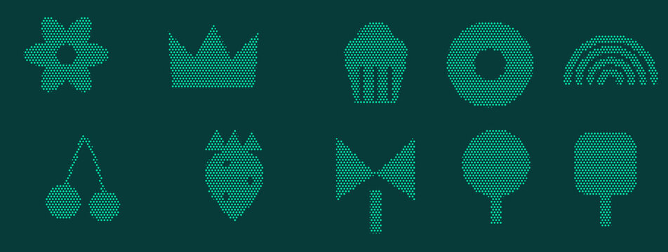 Cyan halftone pixel flower crown cupcake and rainbow collection for festive social media layouts and playful ui designs.