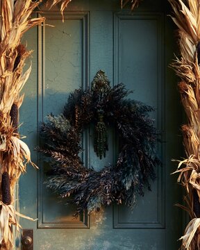 Dark dried foliage wreath hanging from ornate skeleton key door knocker on a weathered blue door surrounded by corn husk decorations for autumn