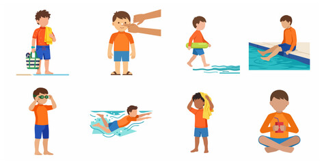 Little boy character enjoying summer swimming pool activities vector illustration set