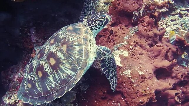 Green sea turtle swimming over a vibrant coral reef in the ocean