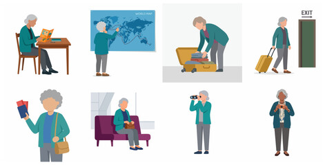 Fototapeta premium Set of flat vector illustrations of a senior woman traveling, planning a trip, packing suitcase, and exploring