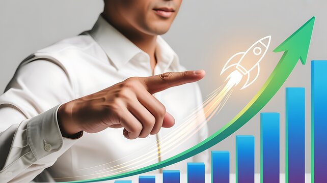Business financial growth analysis with rising bar chart, percentage indicators and upward trend line. Professional investor using digital technology for investment strategy, profit growth, economic