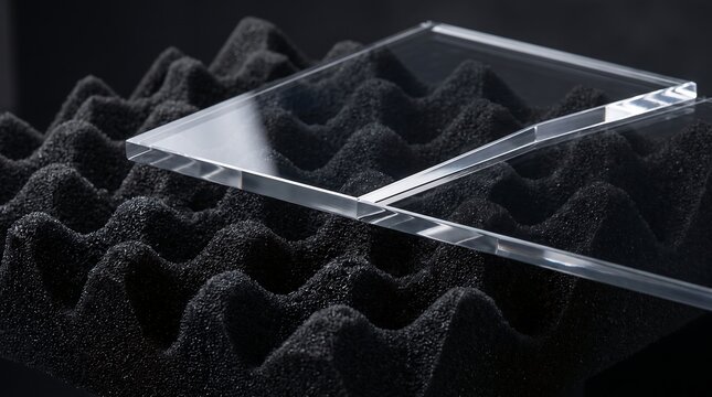 Clear transparent acrylic sheet resting on black protective packaging foam