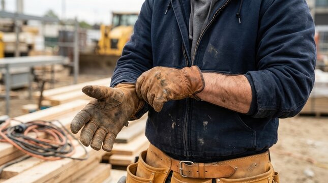 Construction worker putting on dirty leather work gloves