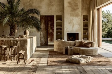 Fototapeta premium Spacious open plan living room featuring a stone kitchen island and curved sofa with a warm sunlit atmosphere for real estate and interior design