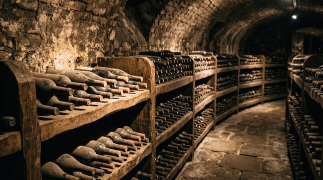 Rustic wine cellar with aged bottles stored on wooden racks under dim lighting