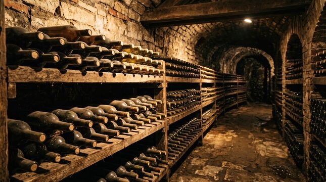 Aged wine cellar with rows of bottles