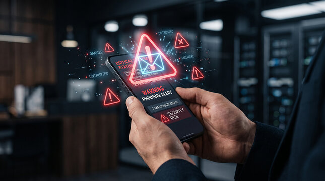 Close-up of a smartphone screen displaying a phishing alert, with glowing red warning icons, symbolizing digital security threat and urgent danger