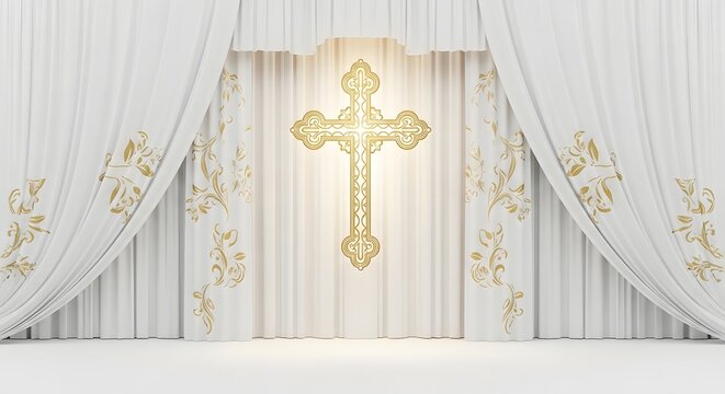 Golden christian cross symbol with light rays background
