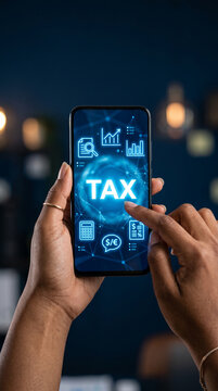 Smartphone displaying tax icons, charts and calculator, representing financial planning and digital economy, symbolic of business and finance.