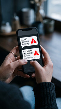 Hands holding a smartphone displaying security alerts, signifying danger and need for immediate action, perfect for digital security or urgent notification themes