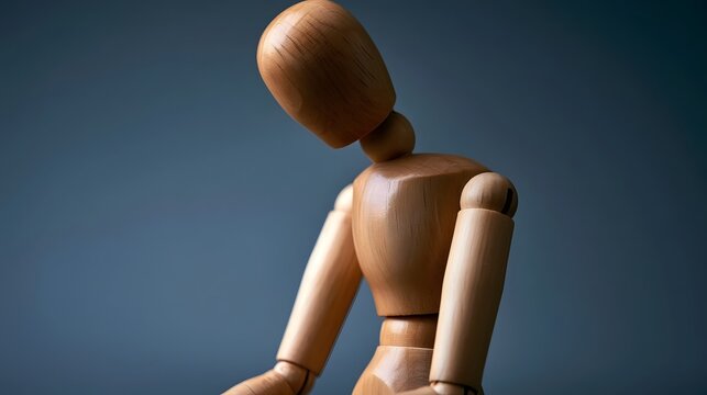 A wooden mannequin figure with a rounded head and articulated joints  posed against a dark blue background
