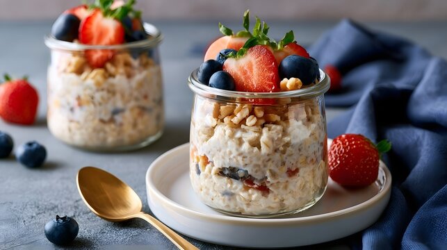 Freshly prepared overnight oats topped with sliced strawberries  blueberries  and granola served in glass jars on a white plate
