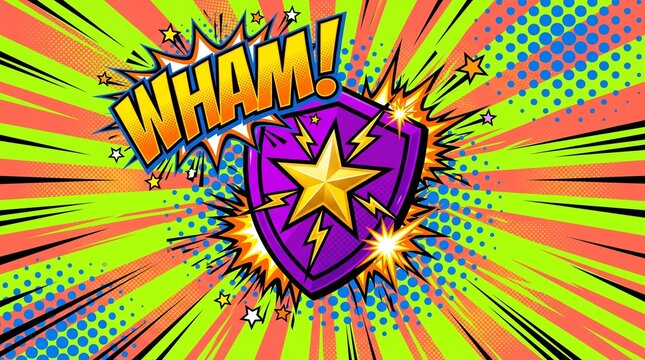 Comic book pop art background with WHAM text, purple shield with gold star icon, vibrant superhero action scene with halftone dots