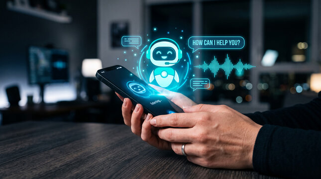 A hand holds a smartphone displaying a digital assistant interface with a chatbot icon and soundwave, symbolizing AI interaction and communication, free space for text.