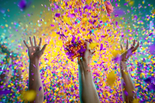 Multiple arms and hands throwing colorful paper confetti into the air, creating a vivid burst of motion against a bright yellow background for celebration and festive party concepts