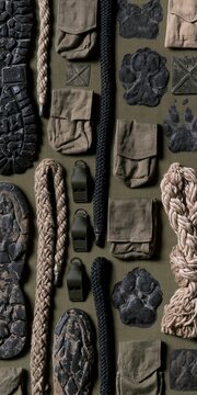 Dog training leads and canvas pouches arranged in a modular rhythm on olive fabric for military k9 programs and veterans day graphics