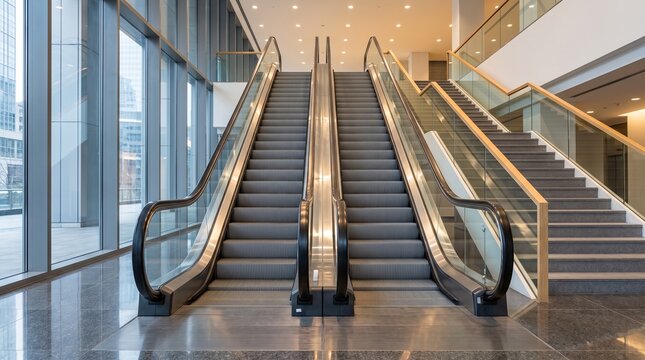 Modern Escalators and Stairs in a Spacious Commercial Office Building Lobby