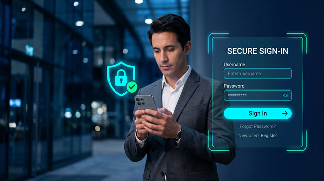 Man in suit using smartphone, login screen with security icon symbolizes digital safety, online access, cybersecurity and user authentication