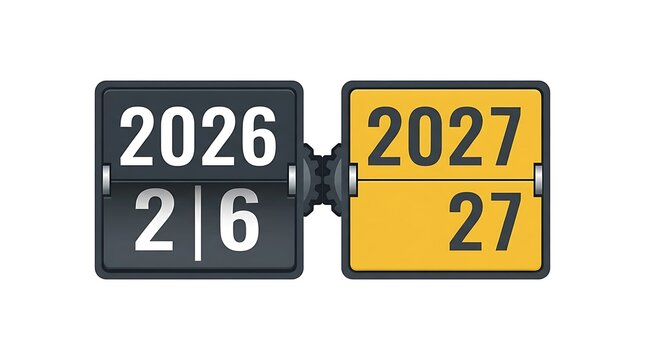 Vintage split-flap display showing future dates 2026 and 2027 for event planning and timelines