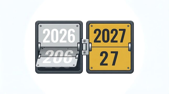 Vintage split-flap display showing years 2026 and 2027 in retro yellow and black design