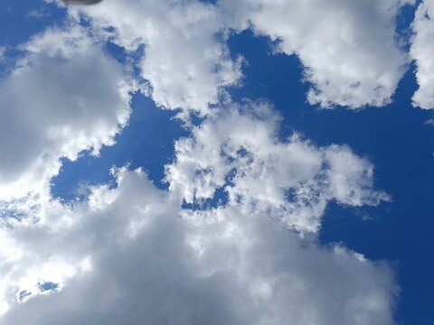 Vibrant blue sky partially covered by fluffy white clouds. Natural cloudy daytime background